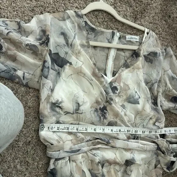 Calvin Klein Floral Chiffon Maxi Dress Sz 8 Faux Wrap Long Sleeve Tiered V-Neck - Picture 14 of 16